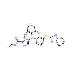 CCOC(=O)c1[nH]cc2c1NC1=C(C(=O)CCC1)[C@@H]2c1cccc(Sc2nc3ccccc3[nH]2)c1 ZINC000299869816