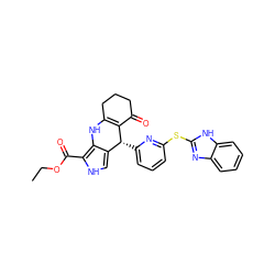 CCOC(=O)c1[nH]cc2c1NC1=C(C(=O)CCC1)[C@@H]2c1cccc(Sc2nc3ccccc3[nH]2)n1 ZINC000299865799