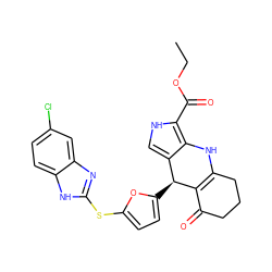 CCOC(=O)c1[nH]cc2c1NC1=C(C(=O)CCC1)[C@H]2c1ccc(Sc2nc3cc(Cl)ccc3[nH]2)o1 ZINC000118037628