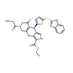 CCOC(=O)c1[nH]cc2c1NC1=C(C(=O)CN(C(=O)CN)C1)[C@H]2c1ccc(Sc2nc3ccccc3[nH]2)o1 ZINC000299853367