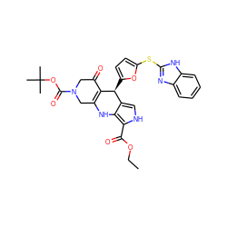 CCOC(=O)c1[nH]cc2c1NC1=C(C(=O)CN(C(=O)OC(C)(C)C)C1)[C@H]2c1ccc(Sc2nc3ccccc3[nH]2)o1 ZINC000299869835