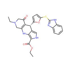 CCOC(=O)c1[nH]cc2c1NC1=C(C(=O)CN(CC)C1)[C@@H]2c1ccc(Sc2nc3ccccc3[nH]2)o1 ZINC000299857126