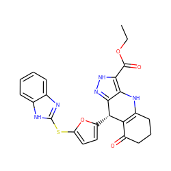 CCOC(=O)c1[nH]nc2c1NC1=C(C(=O)CCC1)[C@@H]2c1ccc(Sc2nc3ccccc3[nH]2)o1 ZINC000299855994