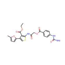 CCOC(=O)c1c(-c2ccc(C)o2)csc1NC(=O)COC(=O)c1ccc(NC(N)=O)cc1 ZINC000002629865