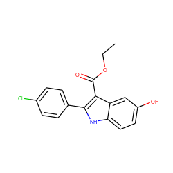 CCOC(=O)c1c(-c2ccc(Cl)cc2)[nH]c2ccc(O)cc12 ZINC000040423490