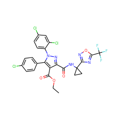 CCOC(=O)c1c(C(=O)NC2(c3noc(C(F)(F)F)n3)CC2)nn(-c2ccc(Cl)cc2Cl)c1-c1ccc(Cl)cc1 ZINC000072112645