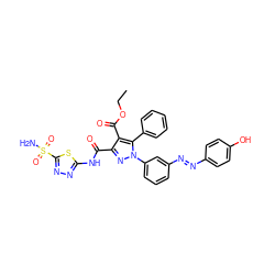 CCOC(=O)c1c(C(=O)Nc2nnc(S(N)(=O)=O)s2)nn(-c2cccc(/N=N/c3ccc(O)cc3)c2)c1-c1ccccc1 ZINC000064454194