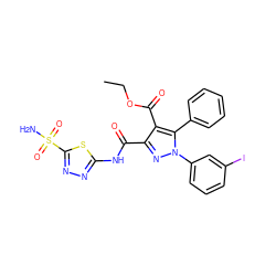 CCOC(=O)c1c(C(=O)Nc2nnc(S(N)(=O)=O)s2)nn(-c2cccc(I)c2)c1-c1ccccc1 ZINC000072138046