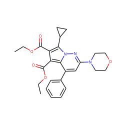 CCOC(=O)c1c(C(=O)OCC)c2c(-c3ccccc3)cc(N3CCOCC3)nn2c1C1CC1 ZINC000064548329