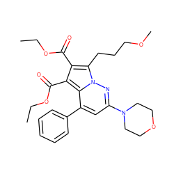 CCOC(=O)c1c(C(=O)OCC)c2c(-c3ccccc3)cc(N3CCOCC3)nn2c1CCCOC ZINC000064549119