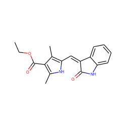 CCOC(=O)c1c(C)[nH]c(/C=C2\C(=O)Nc3ccccc32)c1C ZINC000003875265