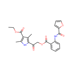 CCOC(=O)c1c(C)[nH]c(C(=O)COC(=O)c2ccccc2NC(=O)c2ccco2)c1C ZINC000003426476