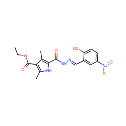 CCOC(=O)c1c(C)[nH]c(C(=O)N/N=C/c2cc([N+](=O)[O-])ccc2O)c1C ZINC000038712438