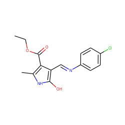 CCOC(=O)c1c(C)[nH]c(O)c1/C=N/c1ccc(Cl)cc1 ZINC000013125773