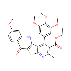 CCOC(=O)c1c(C)nc2sc(C(=O)c3ccc(OC)cc3)c(N)c2c1-c1cc(OC)c(OC)c(OC)c1 ZINC000223414868