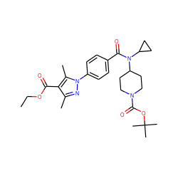 CCOC(=O)c1c(C)nn(-c2ccc(C(=O)N(C3CC3)C3CCN(C(=O)OC(C)(C)C)CC3)cc2)c1C ZINC000223642306