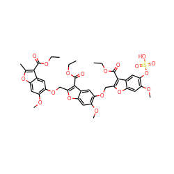 CCOC(=O)c1c(C)oc2cc(OC)c(OCc3oc4cc(OC)c(OCc5oc6cc(OC)c(OS(=O)(=O)O)cc6c5C(=O)OCC)cc4c3C(=O)OCC)cc12 ZINC000096906446