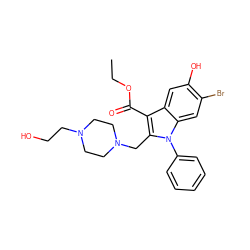 CCOC(=O)c1c(CN2CCN(CCO)CC2)n(-c2ccccc2)c2cc(Br)c(O)cc12 ZINC000019830660