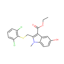 CCOC(=O)c1c(CSc2c(Cl)cccc2Cl)n(C)c2ccc(O)cc12 ZINC000169345879