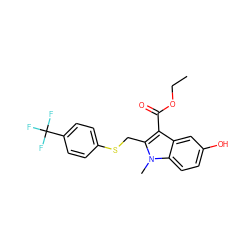 CCOC(=O)c1c(CSc2ccc(C(F)(F)F)cc2)n(C)c2ccc(O)cc12 ZINC000169345883