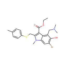 CCOC(=O)c1c(CSc2ccc(C)cc2)n(C)c2cc(Br)c(O)c(CN(C)C)c12 ZINC000019898162