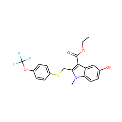 CCOC(=O)c1c(CSc2ccc(OC(F)(F)F)cc2)n(C)c2ccc(O)cc12 ZINC000169345889