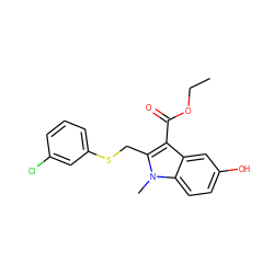 CCOC(=O)c1c(CSc2cccc(Cl)c2)n(C)c2ccc(O)cc12 ZINC000169345881