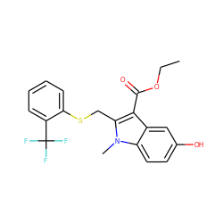 CCOC(=O)c1c(CSc2ccccc2C(F)(F)F)n(C)c2ccc(O)cc12 ZINC000169345887