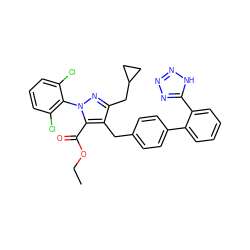 CCOC(=O)c1c(Cc2ccc(-c3ccccc3-c3nnn[nH]3)cc2)c(CC2CC2)nn1-c1c(Cl)cccc1Cl ZINC000027182144