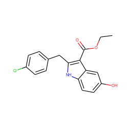 CCOC(=O)c1c(Cc2ccc(Cl)cc2)[nH]c2ccc(O)cc12 ZINC000040834033