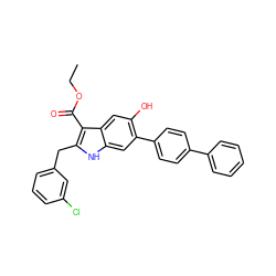 CCOC(=O)c1c(Cc2cccc(Cl)c2)[nH]c2cc(-c3ccc(-c4ccccc4)cc3)c(O)cc12 ZINC000045484508