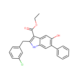 CCOC(=O)c1c(Cc2cccc(Cl)c2)[nH]c2cc(-c3ccccc3)c(O)cc12 ZINC000040938363