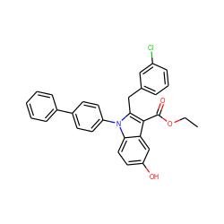 CCOC(=O)c1c(Cc2cccc(Cl)c2)n(-c2ccc(-c3ccccc3)cc2)c2ccc(O)cc12 ZINC000045389899