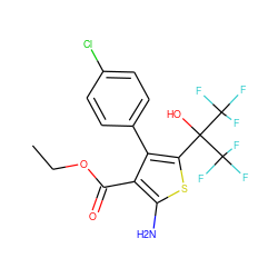 CCOC(=O)c1c(N)sc(C(O)(C(F)(F)F)C(F)(F)F)c1-c1ccc(Cl)cc1 ZINC000003167495