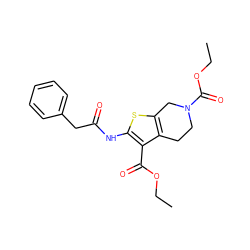 CCOC(=O)c1c(NC(=O)Cc2ccccc2)sc2c1CCN(C(=O)OCC)C2 ZINC000000722314