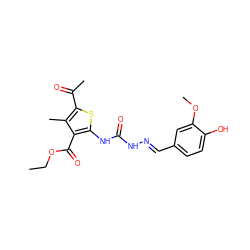 CCOC(=O)c1c(NC(=O)N/N=C/c2ccc(O)c(OC)c2)sc(C(C)=O)c1C ZINC000001787781