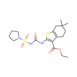 CCOC(=O)c1c(NC(=O)NS(=O)(=O)N2CCCC2)sc2c1CCC(C)(C)C2 ZINC000028565400