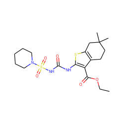 CCOC(=O)c1c(NC(=O)NS(=O)(=O)N2CCCCC2)sc2c1CCC(C)(C)C2 ZINC000028565543