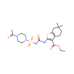 CCOC(=O)c1c(NC(=O)NS(=O)(=O)N2CCN(C(C)=O)CC2)sc2c1CCC(C)(C)C2 ZINC000028565603