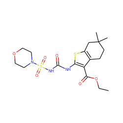 CCOC(=O)c1c(NC(=O)NS(=O)(=O)N2CCOCC2)sc2c1CCC(C)(C)C2 ZINC000028565541