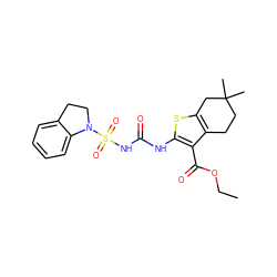 CCOC(=O)c1c(NC(=O)NS(=O)(=O)N2CCc3ccccc32)sc2c1CCC(C)(C)C2 ZINC000028565205