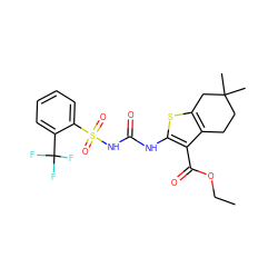 CCOC(=O)c1c(NC(=O)NS(=O)(=O)c2ccccc2C(F)(F)F)sc2c1CCC(C)(C)C2 ZINC000028565373