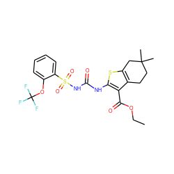 CCOC(=O)c1c(NC(=O)NS(=O)(=O)c2ccccc2OC(F)(F)F)sc2c1CCC(C)(C)C2 ZINC000028565191