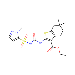 CCOC(=O)c1c(NC(=O)NS(=O)(=O)c2ccnn2C)sc2c1CCC(C)(C)C2 ZINC000028565197