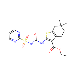 CCOC(=O)c1c(NC(=O)NS(=O)(=O)c2ncccn2)sc2c1CCC(C)(C)C2 ZINC000028565355