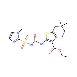 CCOC(=O)c1c(NC(=O)NS(=O)(=O)c2nccn2C)sc2c1CCC(C)(C)C2 ZINC000028565521