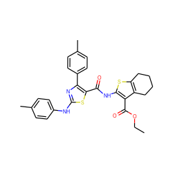 CCOC(=O)c1c(NC(=O)c2sc(Nc3ccc(C)cc3)nc2-c2ccc(C)cc2)sc2c1CCCC2 ZINC000299855255