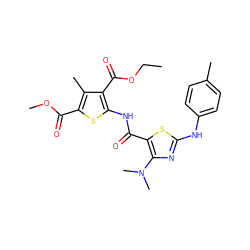 CCOC(=O)c1c(NC(=O)c2sc(Nc3ccc(C)cc3)nc2N(C)C)sc(C(=O)OC)c1C ZINC000299858897