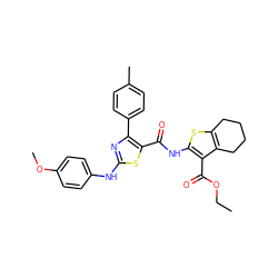 CCOC(=O)c1c(NC(=O)c2sc(Nc3ccc(OC)cc3)nc2-c2ccc(C)cc2)sc2c1CCCC2 ZINC000299861263