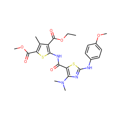 CCOC(=O)c1c(NC(=O)c2sc(Nc3ccc(OC)cc3)nc2N(C)C)sc(C(=O)OC)c1C ZINC000299854903